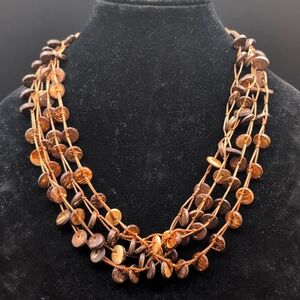 Brown Bohemian Multi Strand Necklace With Wooden Coin Shaped Beads
